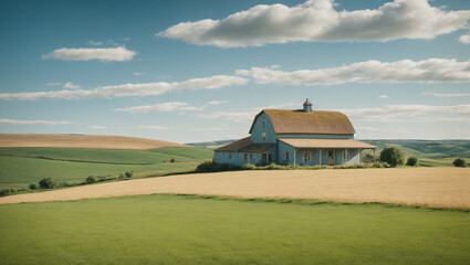 A serene countryside landscape with rolling hills, a quaint farmhouse, and a clear blue sky. Rural idyll.