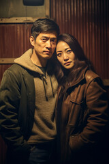 Diverse asian couple in grungy room, generative ai