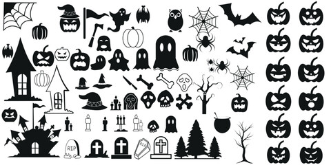 Set of silhouettes of Halloween on a white background. Vector illustration
