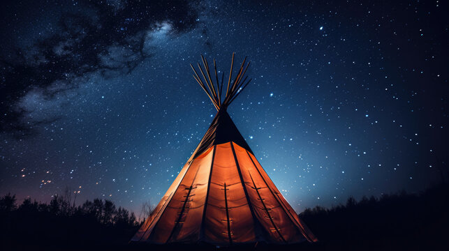 Stars Are Seen In The Skies Over A Teepee At Night Time, Background Image, Hd