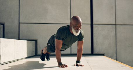 Mature, man and fitness for exercise with pushup for strength, health or wellness by outside....
