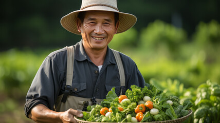 farmer giving thumbs up with vegetables in the field, Happy, Smiling , generative ai.