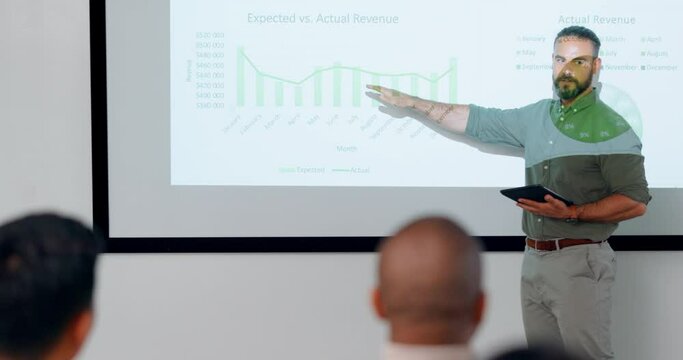 Presentation, finance chart and business man talking to audience for training workshop or conference. People with speaker, coach or leader for knowledge, budget or growth analysis meeting on screen