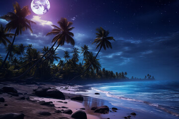 Beautiful fantasy tropical beach with star in night skies, full moon.