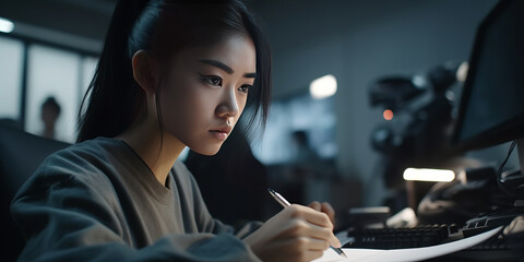 Asian anime girl, black ponytail car designer in studio. generative ai