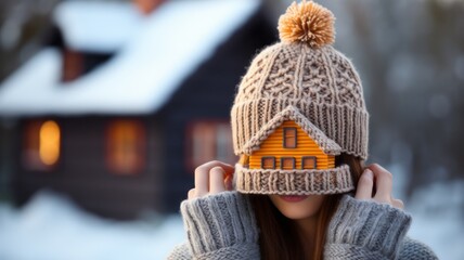 a woman with a knitted hat and a knitted house as an energy saving concept and for insulation and insulation concepts - obrazy, fototapety, plakaty