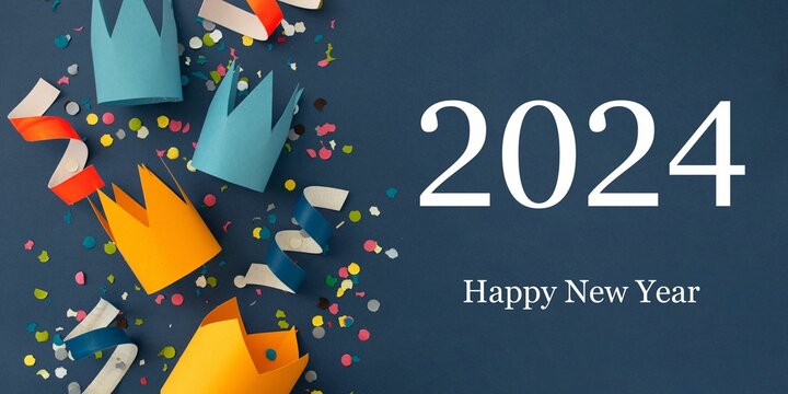 Happy new year 2024 celebration  and confetti nad ribbons on dark blue background