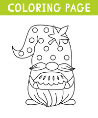 Cute gnome with pumpkin pie coloring page. Thanksgiving day. Printable worksheet with solution for school and preschool.