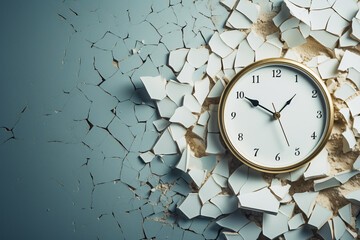 A White Clock Shattered into Pieces, Reminding Us of the Value of Every Moment. A Kintsugi-Style Representation, Merging Business and Wallpaper Concepts - obrazy, fototapety, plakaty