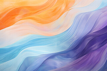 An Abstract Panoramic Wallpaper Background Featuring Pale Blue, Dark Purple, and Orange Swirling...