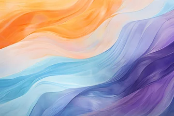 Poster An Abstract Panoramic Wallpaper Background Featuring Pale Blue, Dark Purple, and Orange Swirling Lines on Cotton Saree Cloth Organic Batik Elegance © Asiri