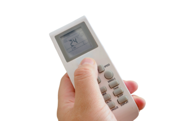 The process of turning off the air conditioner in the home living room, close-up, isolated on white background