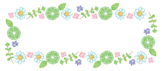 アロマに使われるハーブ・植物のイラスト・フレーム。水彩風ベクター素材