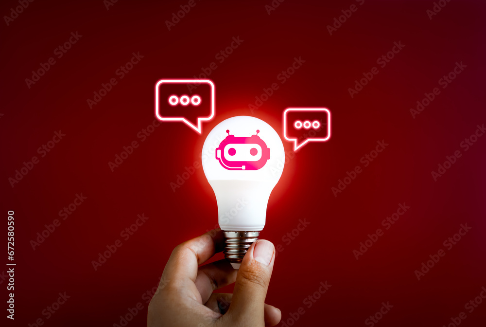 Poster ai chat bot for creativity concept. digital smart robot assistant with speech bubbles icon in lightb