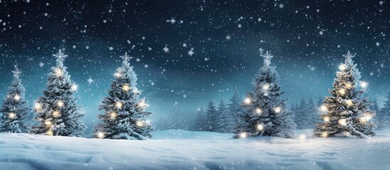 In the evening garlands adorned with snow gracefully embrace Christmas trees adorned with ornaments and lights