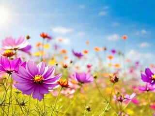 Beautiful field of colorful cosmos flower in a meadow in nature in the rays of sunlight in summer in the spring close-up of a macro. A picturesque colorful artistic image with a soft