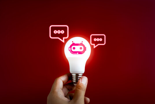 AI chat bot for creativity concept. Digital smart robot assistant with speech bubbles icon in lightbulb. Inspiration and idea searching automatic service with artificial intelligence technology. - Powered by Adobe