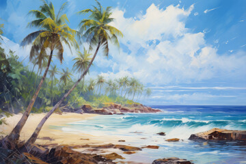 Beach with beautiful coastline. Color water is turquoise, white sand and green palm trees. Oil painting of paradise tropical island. - obrazy, fototapety, plakaty