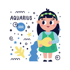 Colorful card with Aquarius zodiac sign. Kids characters with Astrological horoscope symbols. Hand drawn vector illustration in cartoon style with lettering