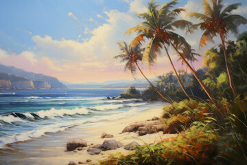 Beach with beautiful coastline. Color water is turquoise, white sand and green palm trees. Oil painting of paradise tropical island.