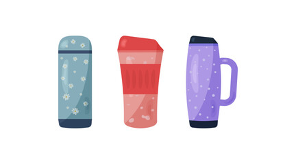 Set of cartoon thermoses. Pink reusable thermal mug, blue thermos for hiking, tourist winter, lilac thermos for walking. Concept for keeping takeaway drinks warm. Illustrations on a white background.