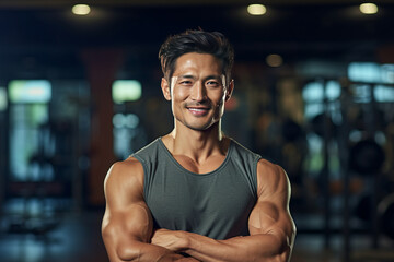 Obraz premium Muscular man posing in gym backdrop, generative ai