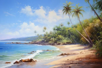 Poster Beach with beautiful coastline. Color water is turquoise, white sand and green palm trees. Oil painting of paradise tropical island. © Sergie