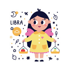 Colorful card with Libra zodiac sign. Kids characters with Astrological horoscope symbols. Hand drawn vector illustration in cartoon style with lettering