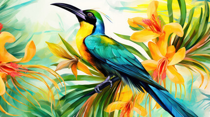 Tropical Bird-Of-Paradise Watercolor Seamless Pattern, Background Image, Hd