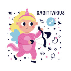 Colorful card with Sagittarius zodiac sign. Kids characters with Astrological horoscope symbols. Hand drawn vector illustration in cartoon style with lettering