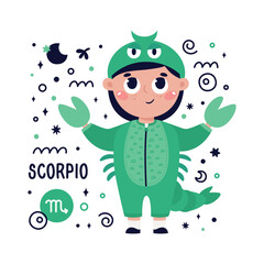 Colorful card with Scorpio zodiac sign. Kids characters with Astrological horoscope symbols. Hand drawn vector illustration in cartoon style with lettering