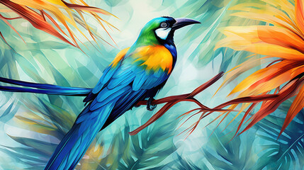 Tropical Bird-Of-Paradise Watercolor Seamless Pattern, Background Image, Hd