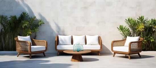 The seating area by the pool in Bali features white block walls and rattan furniture surrounded by cacti
