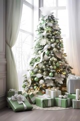 A pleasant living area with a chrismas decorations, a Christmas tree that has been decorated, and a variety of holiday accents, green and white colors