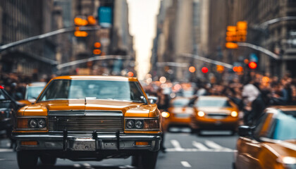 Busy Manhattan city street with a vintage car in the foreground and tall buildings in the...