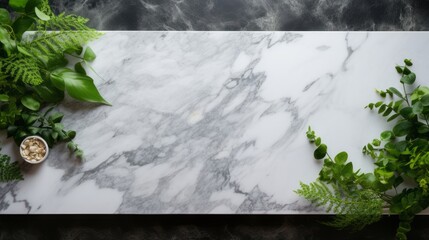 Green leaves at the edges of a marble table. Old white and gray marble background. Advertising board and poster mockup for your design. Flat lay, top view, copy space