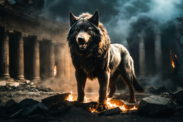 Mystical scandinavian beast wolf Fenrir. Fenrir start Ragnarok, North Mythology background, Generative AI