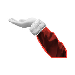 Halftone Santa Claus palm. Santa Claus hand stretched out in open palm gesture with halftone effect. Christmas or New Year template with isolated hand for holiday decoration.