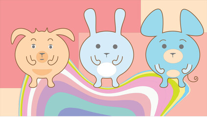 rabbit mouse and goat cgaracter with colourfull pastel background 
