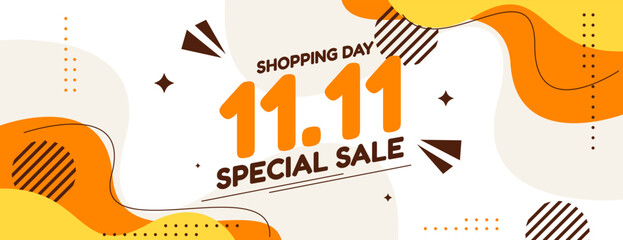 11.11 shopping day sale banner design with abstract shapes background in orange , yellow and brown. vector illustration