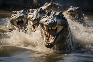 Animal alligator reptile crocodile dangerous wild mouth wildlife predator nature water - obrazy, fototapety, plakaty