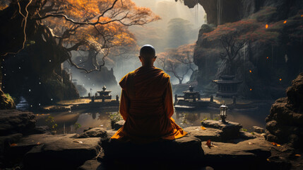 View From The Back Of A Monk Meditating In A Buddhist, Background Image, Hd