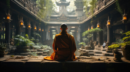 Fototapeta premium View From The Back Of A Monk Meditating In A Buddhist, Background Image, Hd