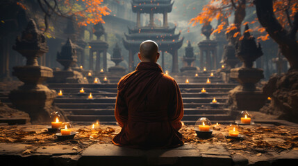 View From The Back Of A Monk Meditating In A Buddhist, Background Image, Hd - obrazy, fototapety, plakaty