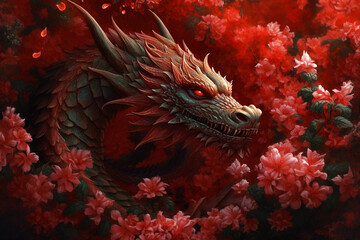 Red dragon in red roses