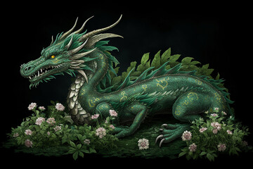 Obraz premium Green dragon in white roses
