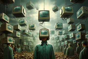 People with TV screens on the brain, addicted to social media, manipulation and mind control, by media, teenager disconnected to reality  - obrazy, fototapety, plakaty
