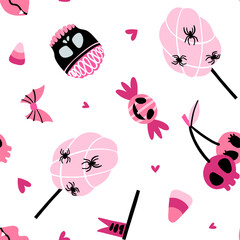 Seamless pattern with Halloween treats set. Halloween sweets for kids in pink colors. Collection of caramel, jelly sweets, sugar bonbons, Cotton candy with spiders, skull cupcake with brains. Vector