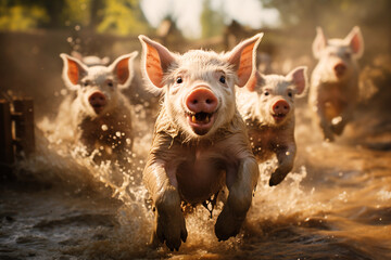 Pigs running through a mud puddle, pink piglet having fun, animals on the farm - obrazy, fototapety, plakaty