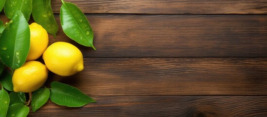 The lemon an important cooking ingredient is positioned on a vintage wooden table from a bird s eye perspective - obrazy, fototapety, plakaty